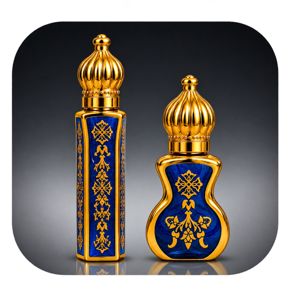Home ornate blue and gold attar bottles