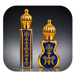 ornate blue and gold attar bottles