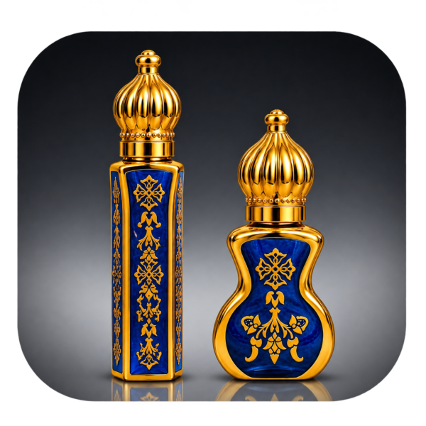 ornate blue and gold attar bottles