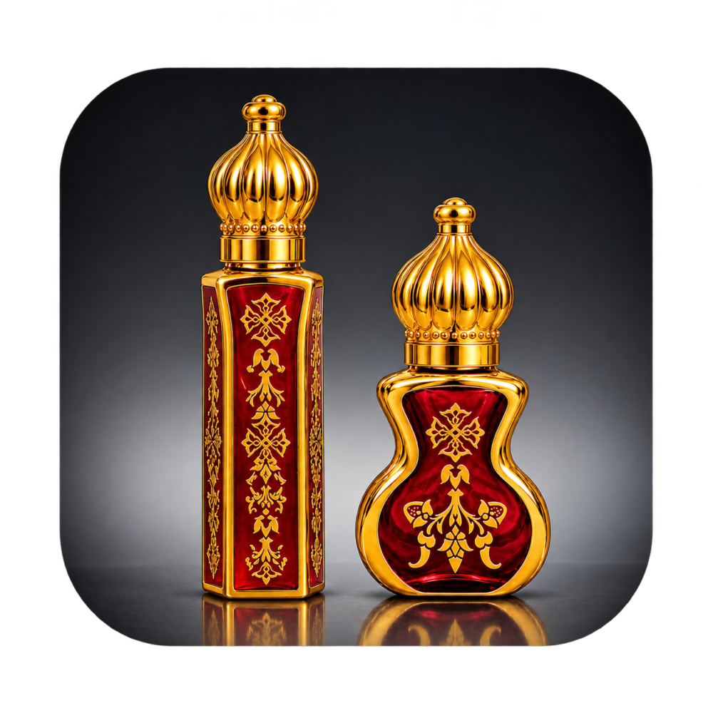 Home ornate ruby and gold perfume bottles