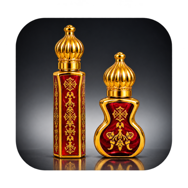 ornate ruby and gold perfume bottles