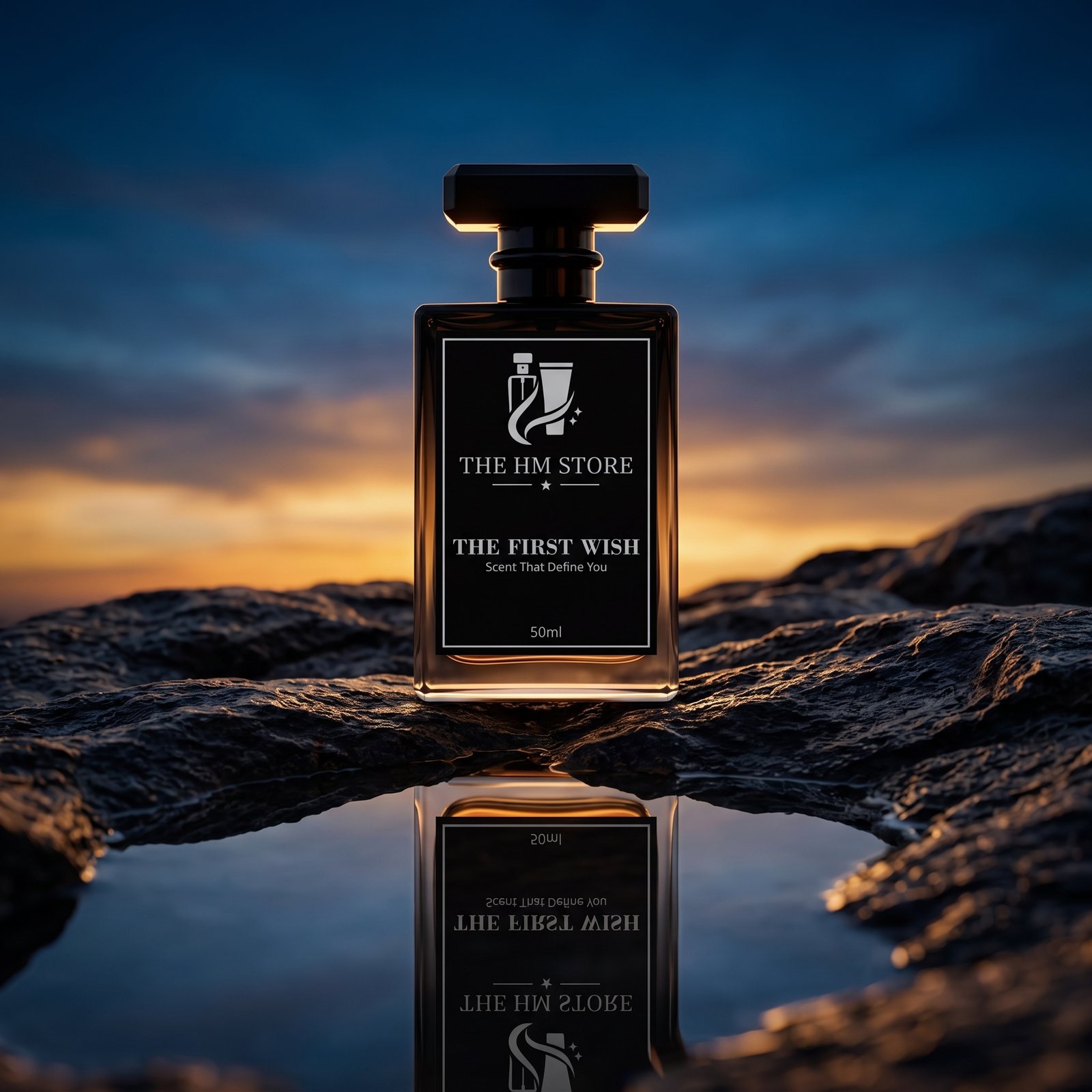 perfume bottle on dark rock 2k 202609041408 The First Wish perfume by The HM Store, 50ml bottle